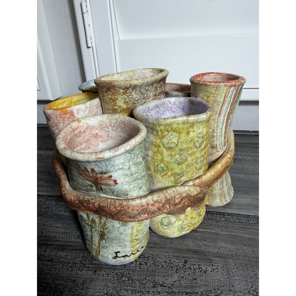 Handmade Studio Pottery Multi Vase Cluster Bud Vase Holder‎ Rustic Art Decor